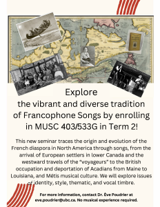 MUSC 403/533G – Nouveau cours sur l’origine et l’évolution de la diaspora française dans l’Amérique du Nord à travers les chansons
