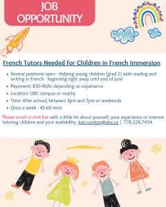 [Offre d’emploi] – ALL POSITIONS FILLED – French Tutors Needed for Children in French Immersion
